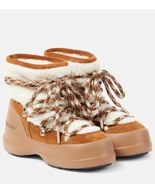 Moon Boot Brown Luna Low Shearling And Suede Snow Boots
