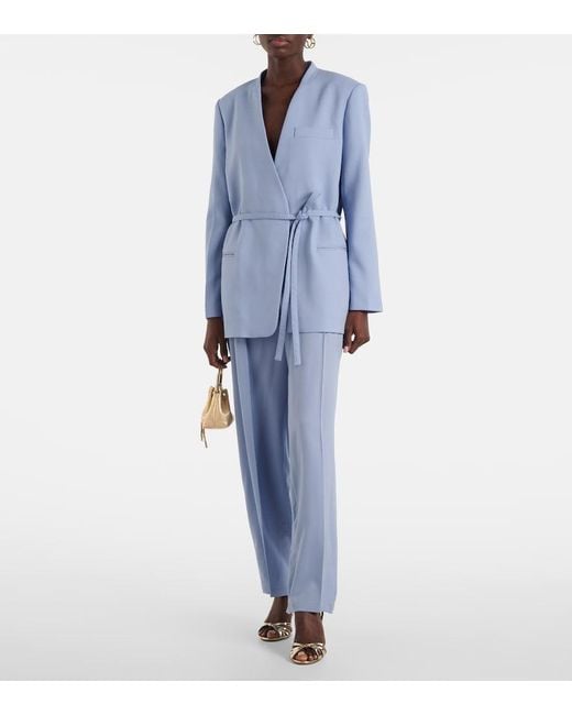 Joseph Blue Bucklel Wool Crepe Wide-Leg Pants