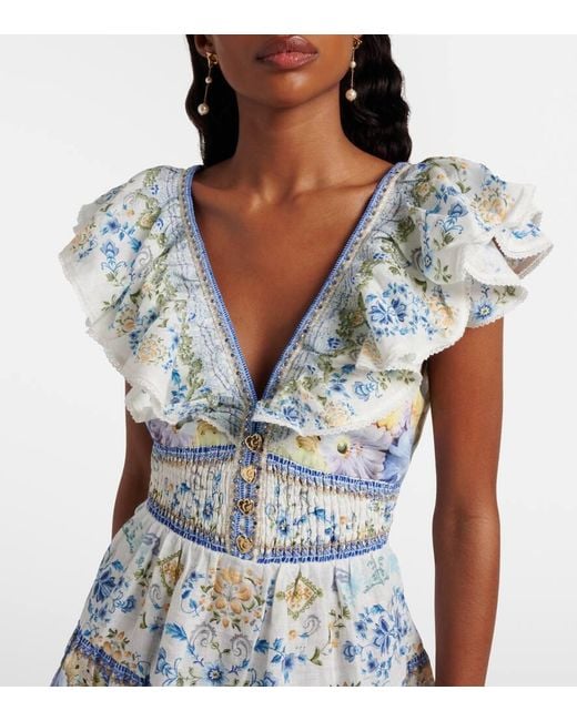 Camilla Blue Embellished Floral Linen Minidress