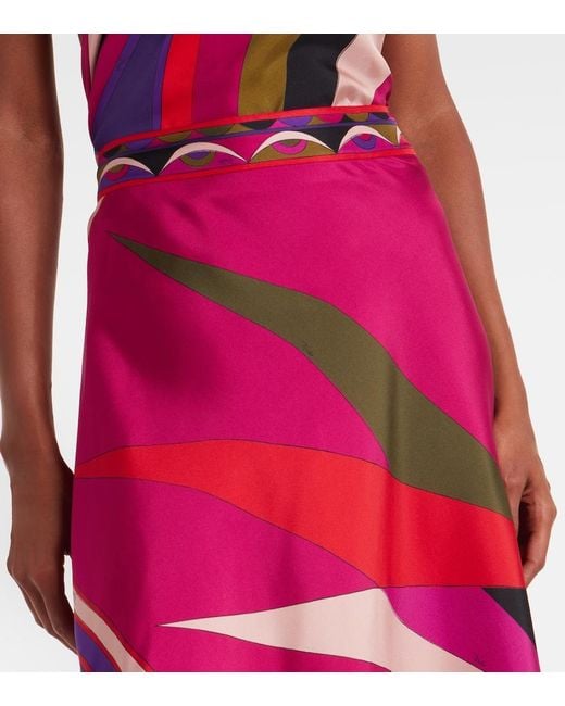 Emilio Pucci Pink Hawaii Asymmetric Silk Satin Midi Skirt