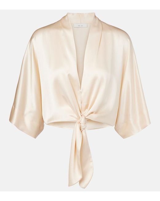 The Sei Natural Cropped Silk Satin Wrap Blouse