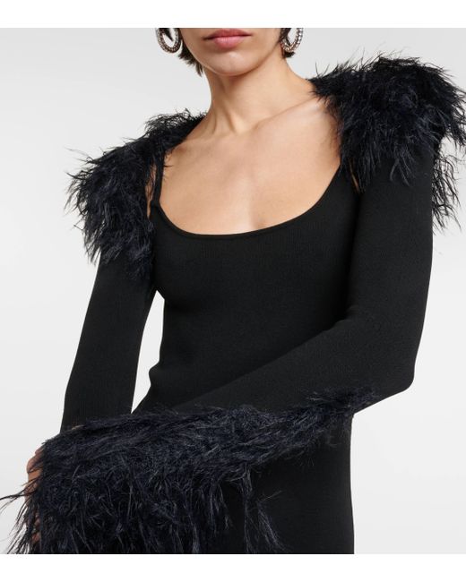 The Attico Black Feather-trimmed Jersey Midi Dress