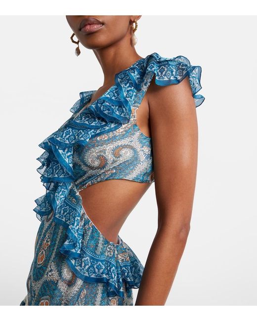 Etro Blue Paisley Lace-Trimmed Ruffled Silk Maxi Dress