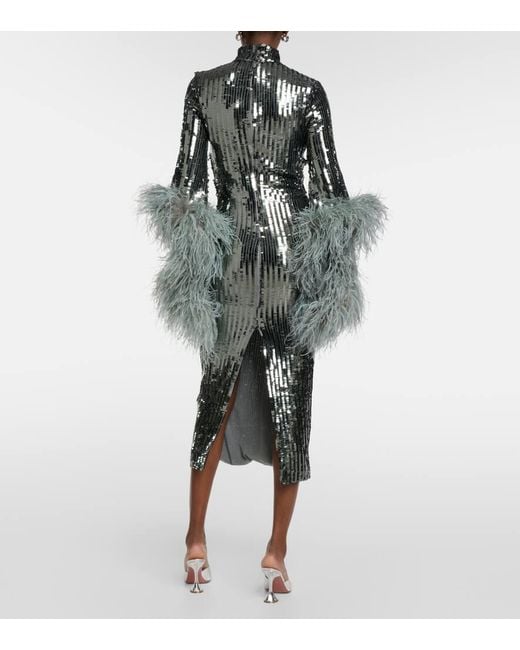 ‎Taller Marmo Green Del Rio Feather-trimmed Sequined Midi Dress