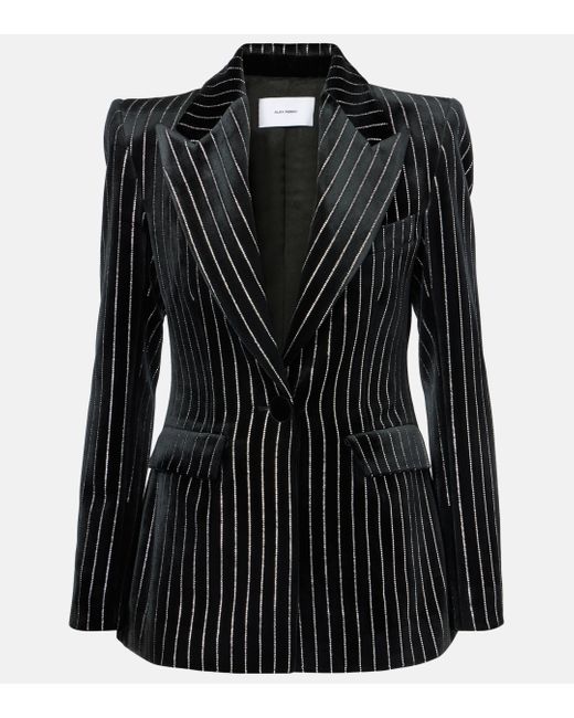 Alex Perry Black Crystal-Embellished Pinstripe Velvet Blazer