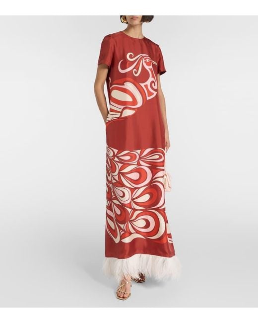 LaDoubleJ Red Swing Feather-Trimmed Silk Maxi Dress