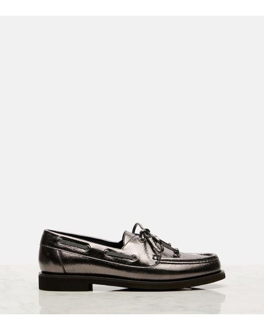 Brunello Cucinelli Black Monili Metallic Leather Boat Shoes