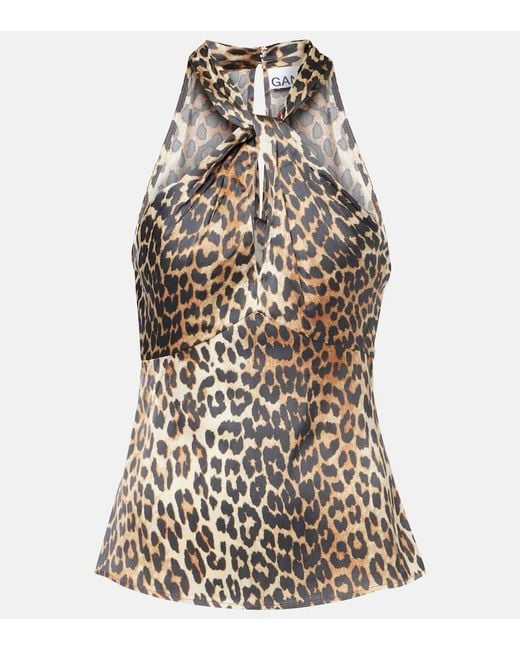 Ganni Brown Leopard-Print Halterneck Satin Top
