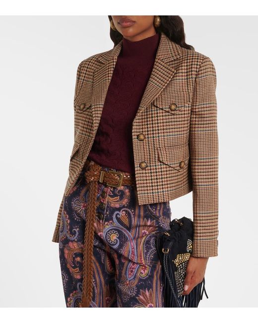 Etro Brown Houndstooth Cropped Wool Blazer