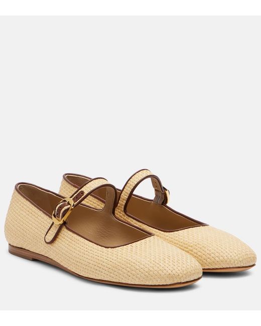 Le Monde Beryl Brown Leather-Trimmed Raffia Mary Jane Flats