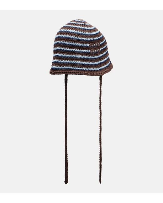 Miu Miu Knitted Striped Cotton Hat in Blue | Lyst