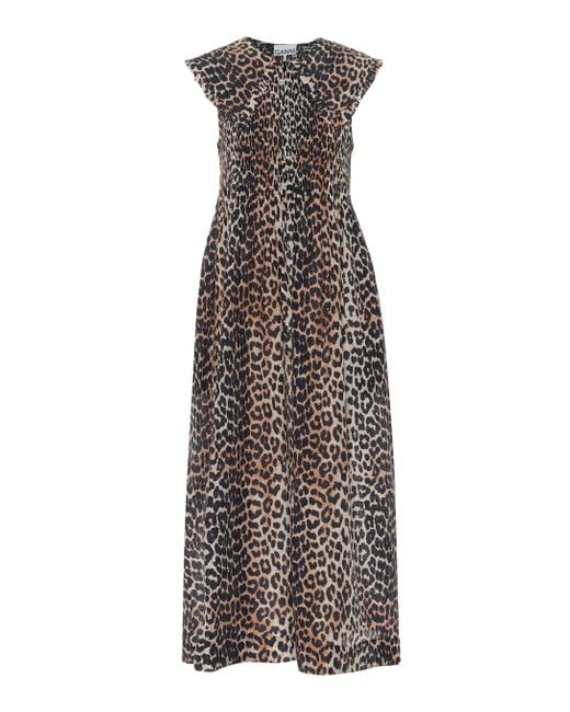 Ganni Brown Cotton Silk Leopard Print Smock Dress