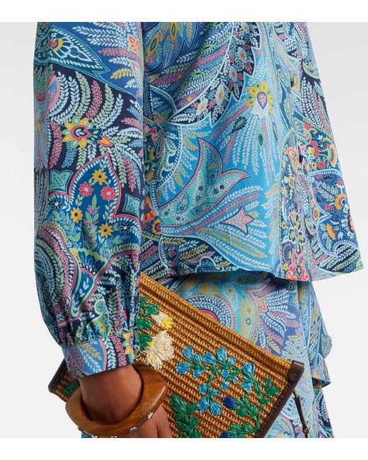 Etro Blue Paisley Ruffled Cotton-Blend Blouse