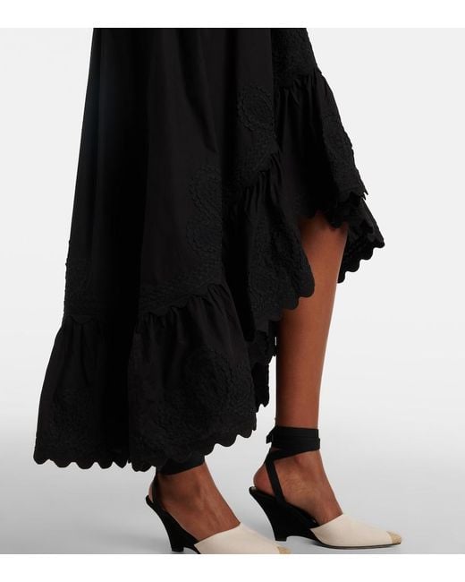 Juliet Dunn Black Asymmetric Embroidered Cotton Midi Dress