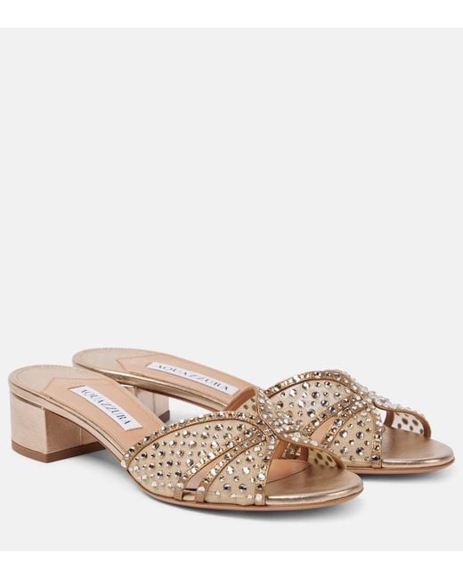 Aquazzura Brown Crystal Love 35 Embellished Tulle Mules