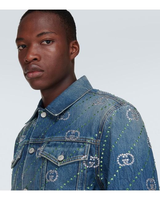 Gucci Interlocking G Crystal-embellished Denim Jacket in Blue for Men ...