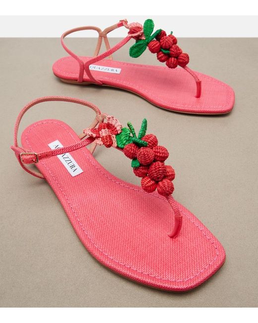 Aquazzura Pink Berry Raffia-Effect Thong Sandals