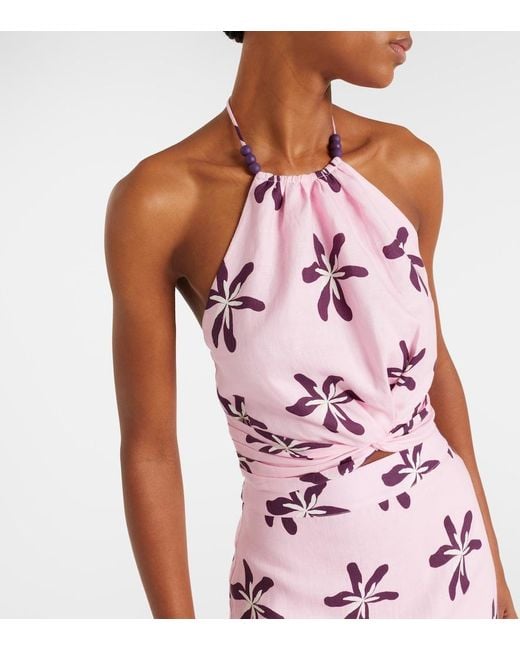 Cala De La Cruz Pink Lodi Floral Halterneck Linen Crop Top