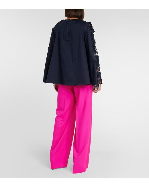 Oscar de la Renta Blue Lace-Detail Cotton Blouse