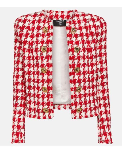 Balmain Red Houndstooth Tweed Jacket
