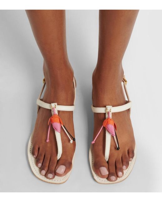 Prada White Floral-Applique Leather Thong Sandals