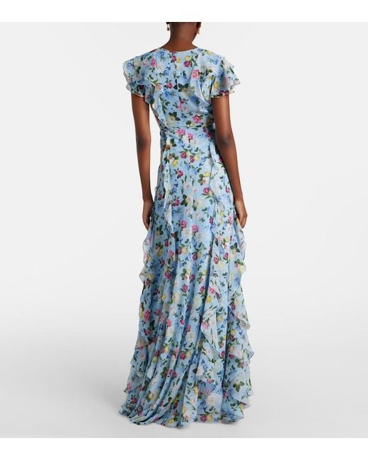 Carolina Herrera Blue Floral Ruffled Silk Gown