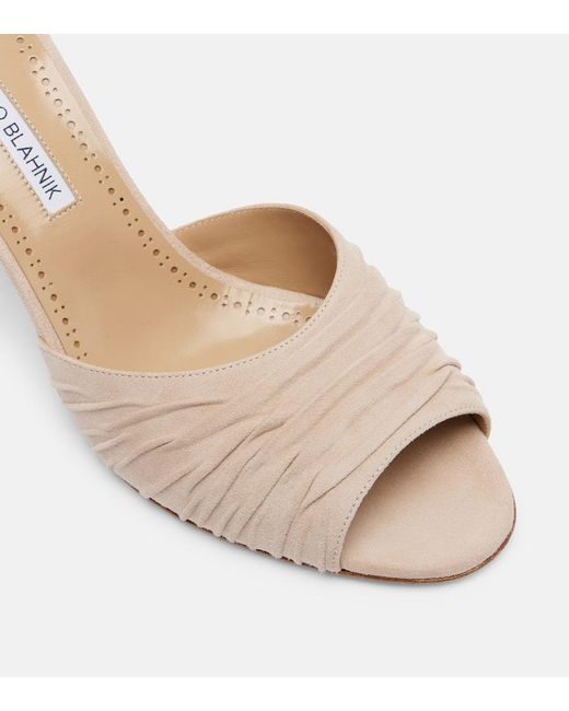 Manolo Blahnik Natural Pirua Gathered Suede Mules