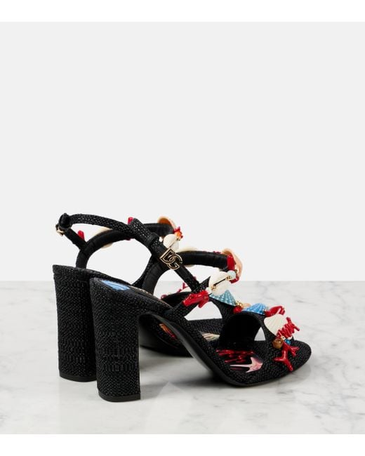 Dolce & Gabbana Black Capri Kiera Sophia Embellished Raffia Sandals