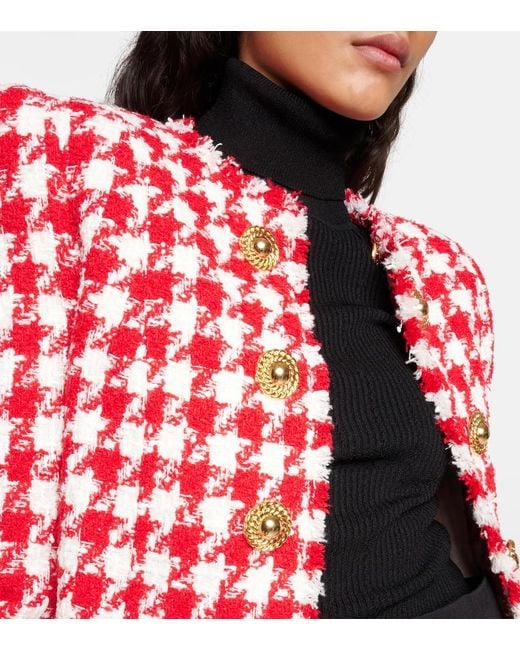 Balmain Red Houndstooth Tweed Jacket