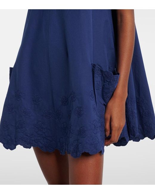 Juliet Dunn Blue Floral Embroidered Cotton Poplin Minidress