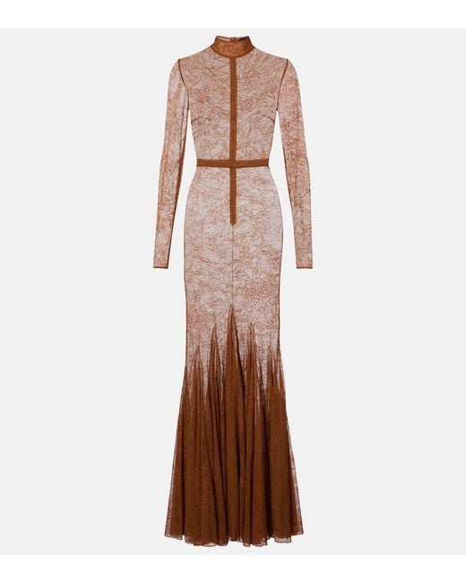 David Koma Brown Sheer Lace Gown