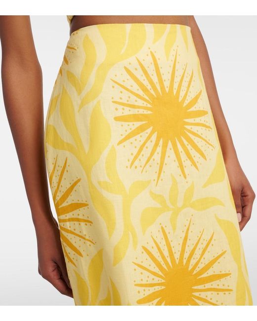 Cala De La Cruz Yellow Fabiana Printed Linen Midi Skirt