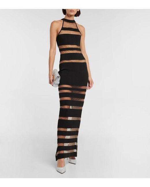 Balmain Black Halterneck Mesh-Paneled Gown
