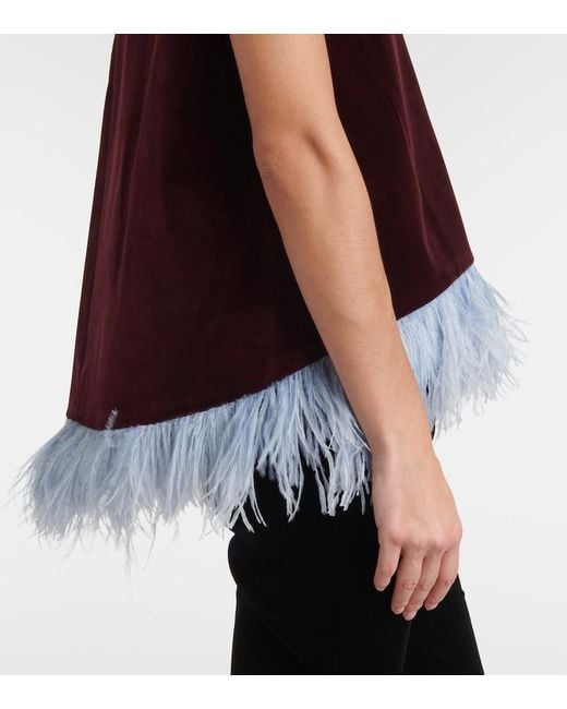 LaDoubleJ Red La Scala Feather-Trimmed Cotton Velvet Top