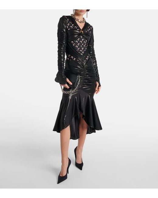 MARINE SERRE Black All Over Moon Ruched Jersey Midi Dress
