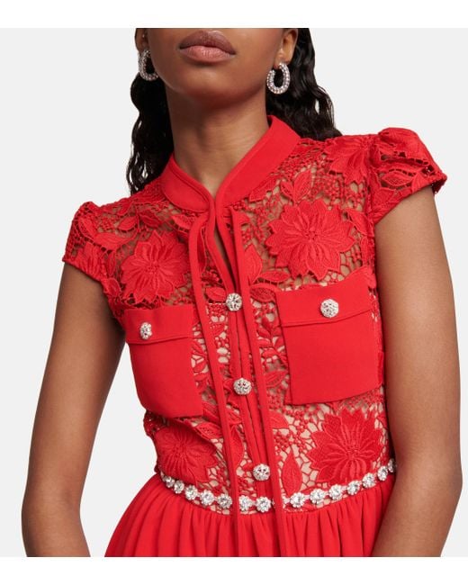 Self-Portrait Red Lace-trimmed Crepe Midi Dress