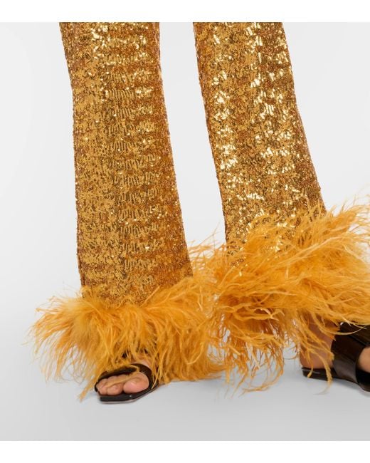 Oseree Orange Feather-trimmed Embellished Wide-leg Pants