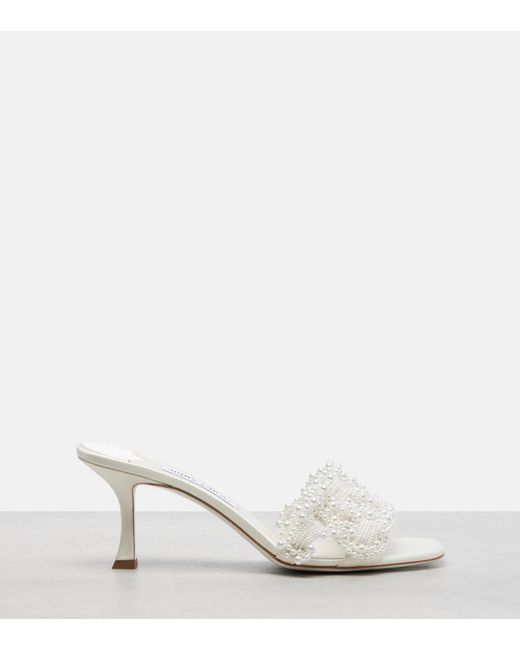 Jimmy Choo White Cary 70 Faux Pearl-Embellished Satin Mules