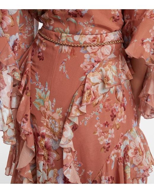 Zimmermann Red Awaken Floral Cotton And Silk Maxi Skirt