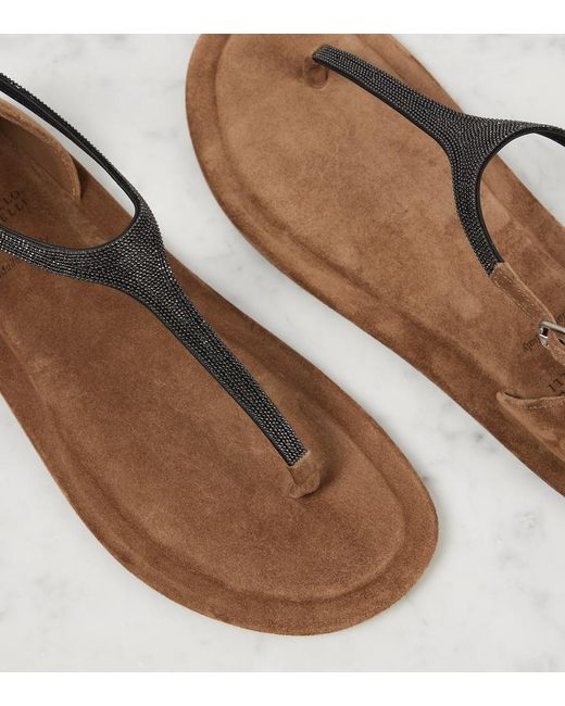 Brunello Cucinelli Brown Monili Suede Thong Sandals