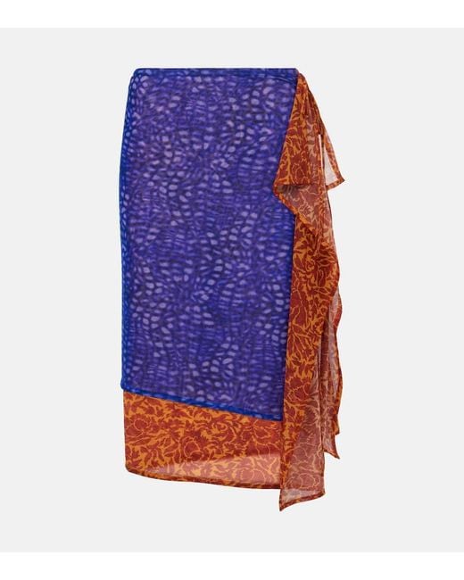 Dries Van Noten Blue Printed Mesh Midi Skirt