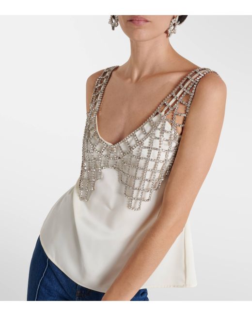 Self-Portrait White Crystal-Embellished Satin Tank Top