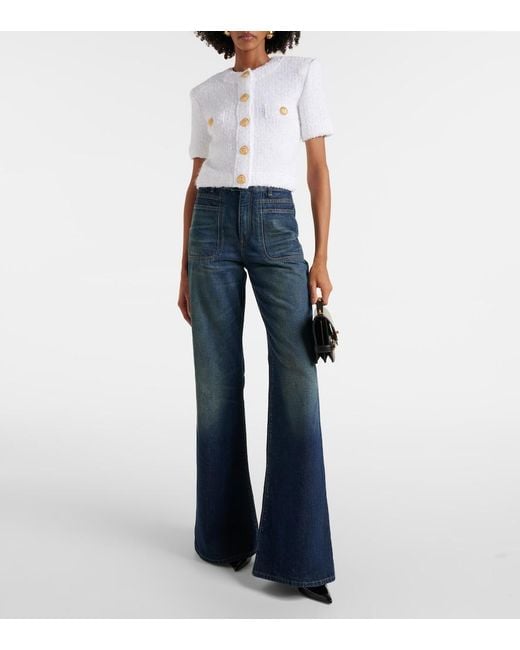 Balmain White Pointelle Ribbed Cropped Cardigan