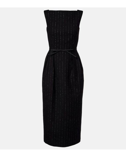 Erdem Black Pinstripe Wool Lame Midi Dress