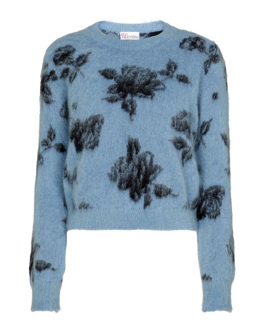 RED Valentino Blue Floral Intarsia Mohair-blend Sweater