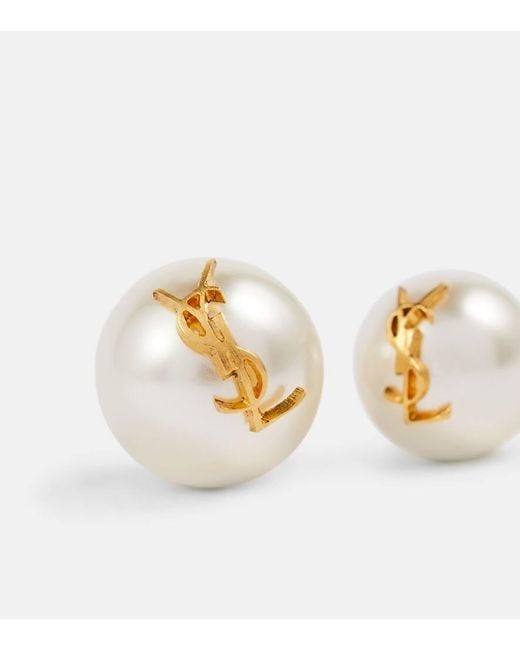 Saint Laurent Metallic Logo Faux Pearl Stud Earrings