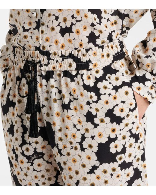 Valentino White Floral Silk Crepe De Chine Wide-Leg Pants