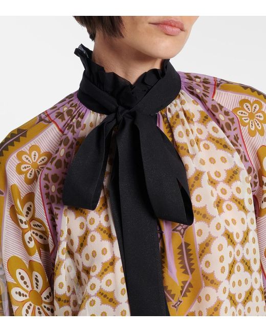 LaDoubleJ Metallic Cerere Printed Tie-Neck Silk Blouse