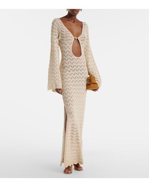 bananhot rey striped crochet beach dress Cotton-Blend Maxi in Natural Light Blue Strapless Floral