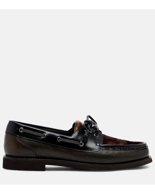 Brunello Cucinelli Black Monili Calf Hair-Trimmed Leather Boat Shoes